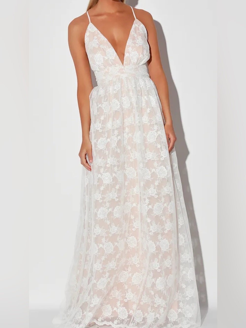 Lulus Ivywood Maxi Dress XS White Beige Embroidered Lace Backless